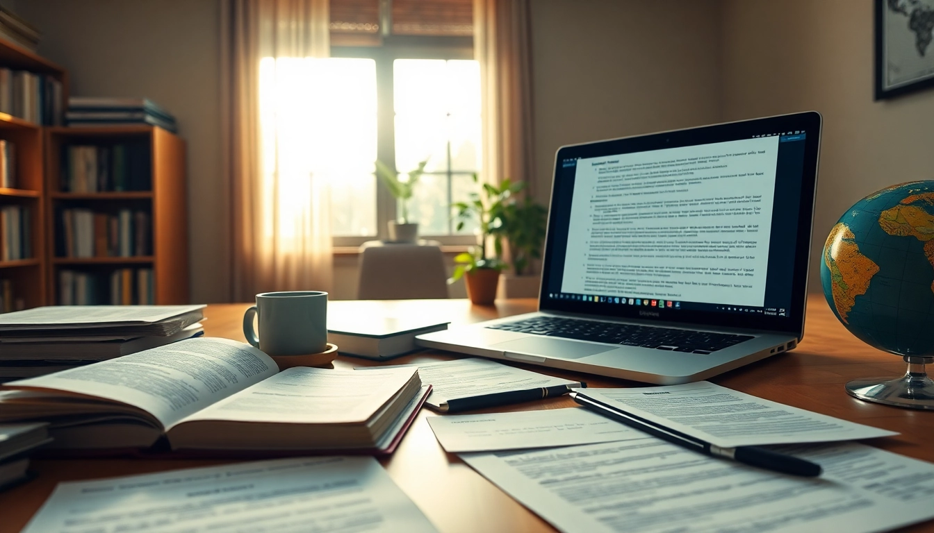Professional workspace featuring soudní překlad resources like legal documents and a bilingual dictionary.