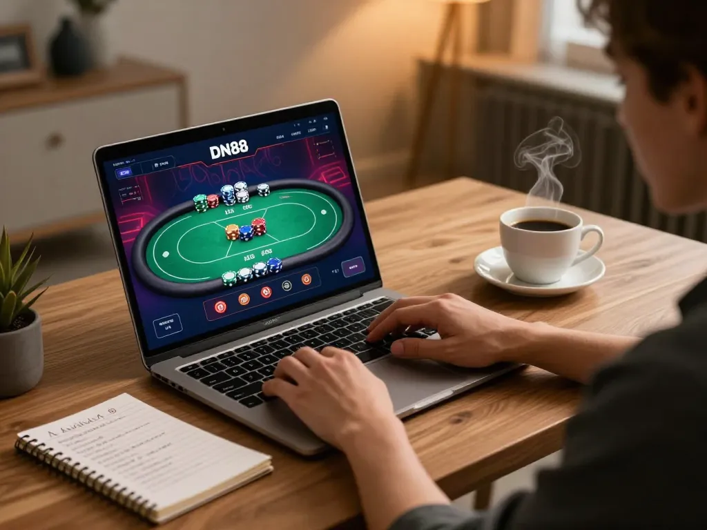 Engaging in DN88 online poker while tracking strategies in a cozy home office setting