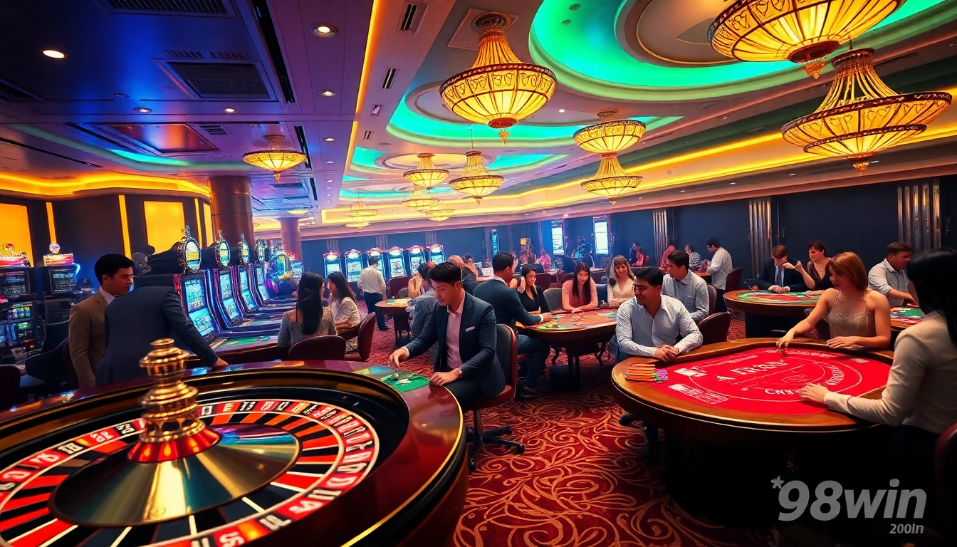 Excited gamblers enjoying games at 98win casino with roulette wheels and poker tables.