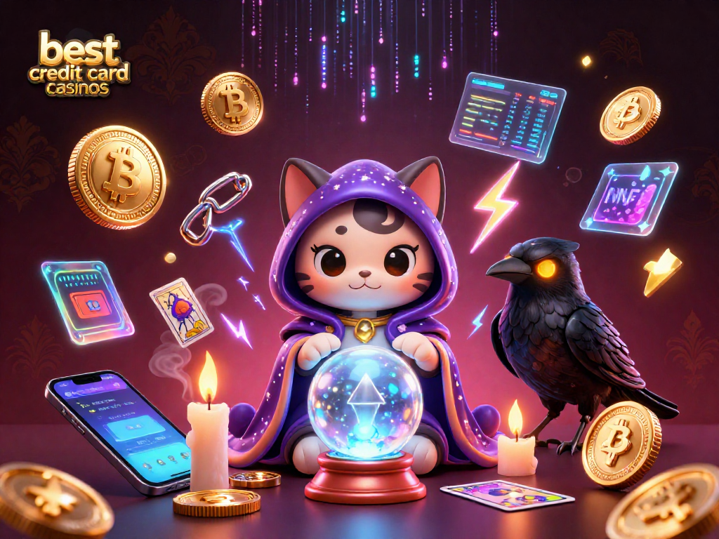 Experience the thrilling atmosphere of the best credit card casinos with vibrant gaming characters and crypto elements.
