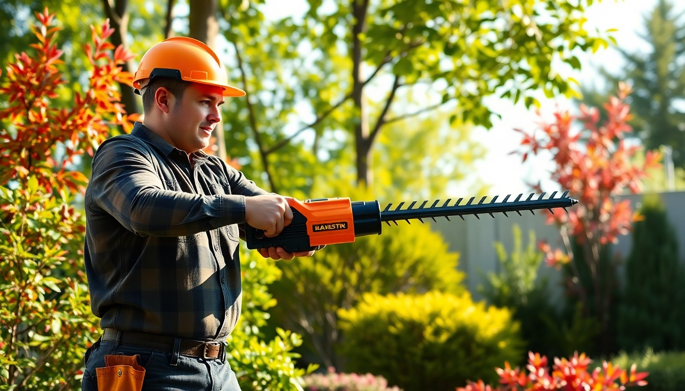 Best electric pole saw in action, showcasing a landscaper trimming trees with confidence.