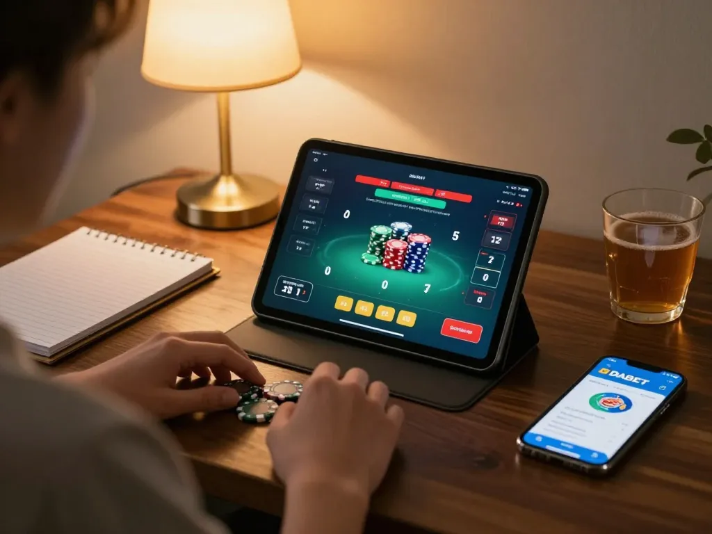 DABET user engaged in online poker game on tablet at home, displaying betting interface and strategy notes.