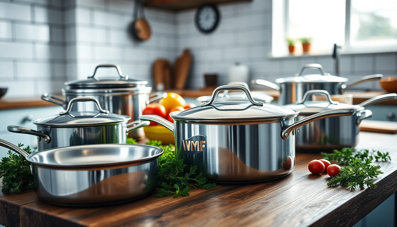 Showcasing WMF cookware NZ on a wooden countertop with vibrant ingredients, emphasizing quality.