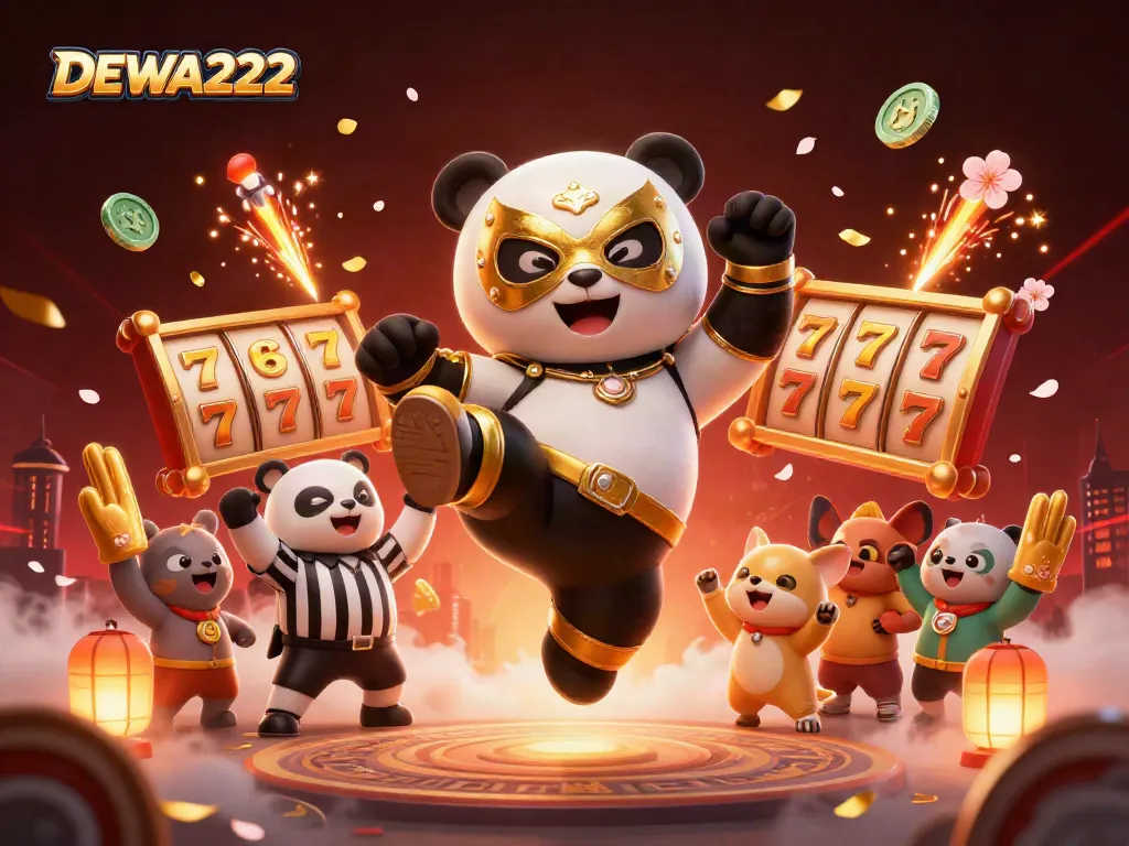Enjoy thrilling wins at DEWA222 with dynamic slot reels and exciting animal characters amid festive casino elements.