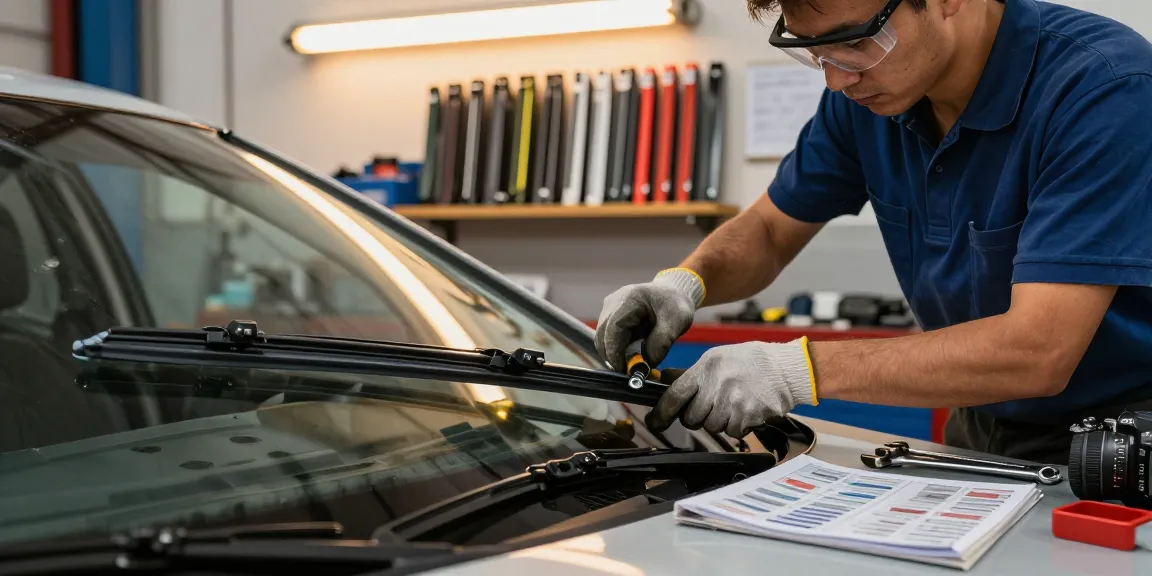 Expert mechanic replacing flat wiper blade for optimal car maintenance in a well-equipped garage.