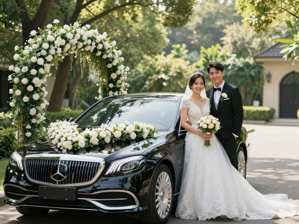 Cặp đôi đẹp trong ngày cưới bên cạnh chiếc Mercedes sang trọng cho thuê xe cưới Mercedes, được bao quanh bởi các trang trí hoa trong bối cảnh lãng mạn ngoài trời.