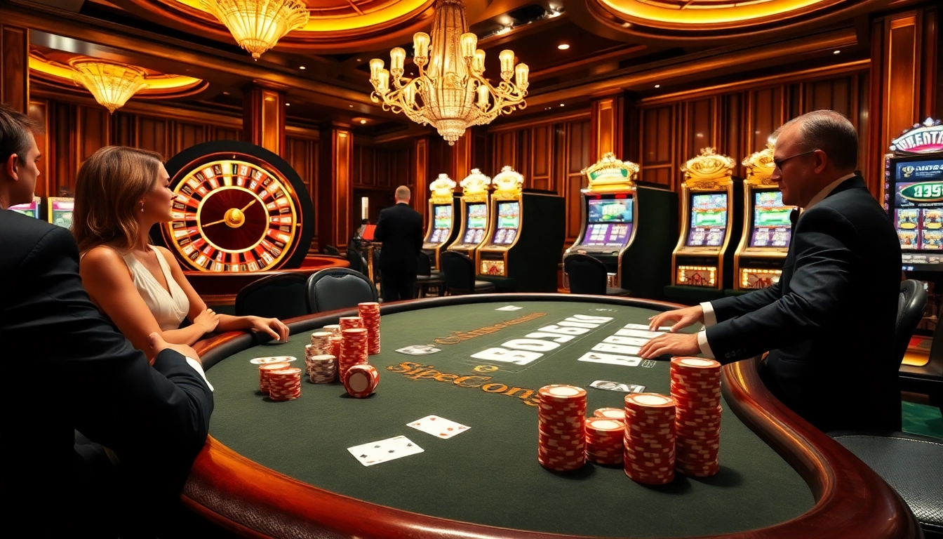 Joueurs engagés gagnant à une table de poker dans un cadre de casino en ligne glamour.