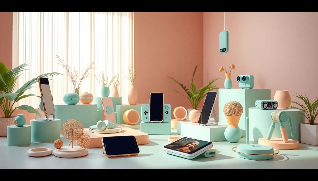 Discover unique MMOO lifestyle gadgets featuring pastel colors and stylish design in a vibrant setting.