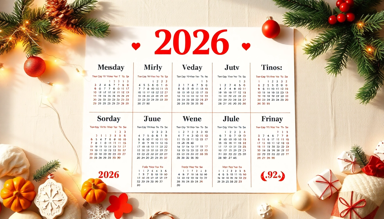 Calendar with holidays for 2026, showcasing vibrant designs and festive icons.