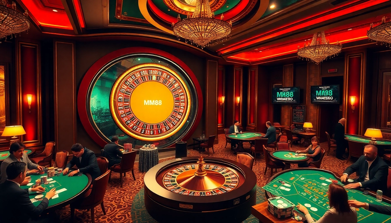 Players enjoying a thrilling night at MM88 casino with poker chips and roulette wheel.