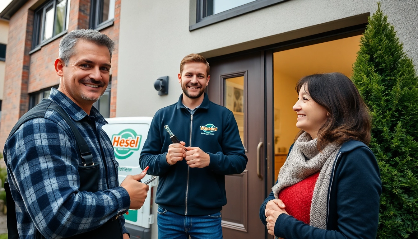 Wiesbaden Schlüsselnotdienst: Professioneller Schlüsseldienst hilft einem Kunden an einer sicheren Haustür in Wiesbaden, Deutschland.