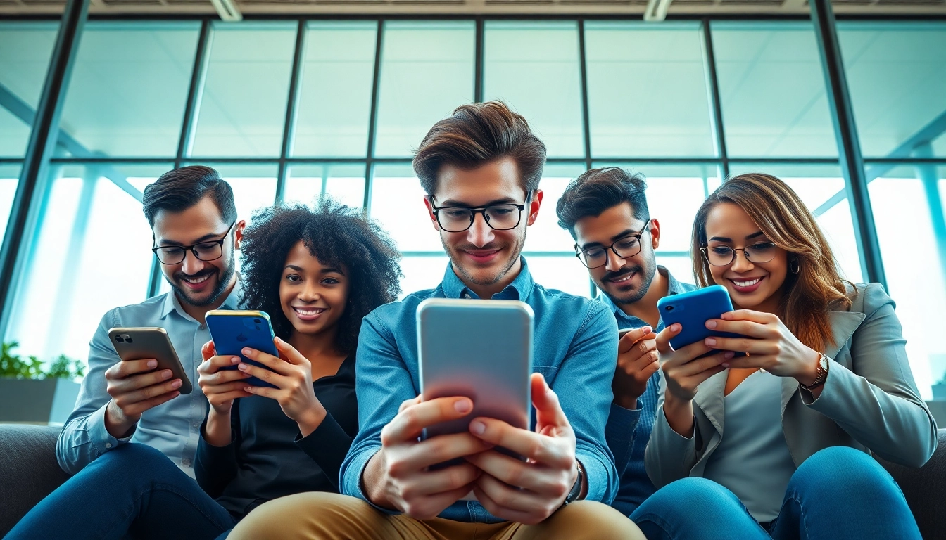 Engaged users exploring the cloud mining app on their smartphones in a modern, tech-savvy environment.