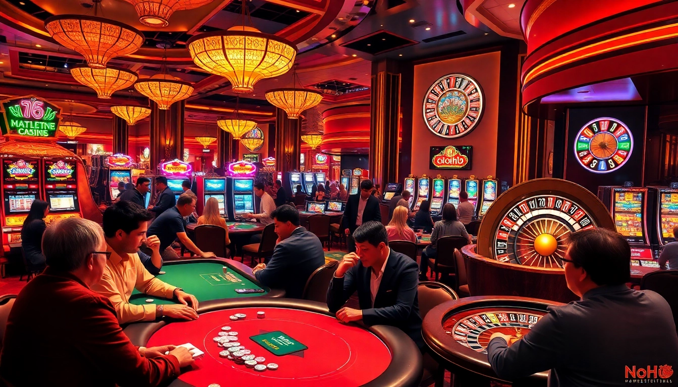 Nohu-themed casino scene showcasing vibrant gaming tables, players at a poker table, and invigorating casino lights.