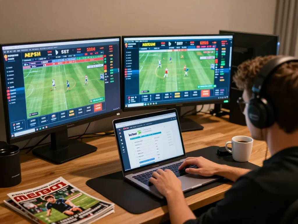 Engaged user placing bets on betbet platform, multiple screens showing live sports