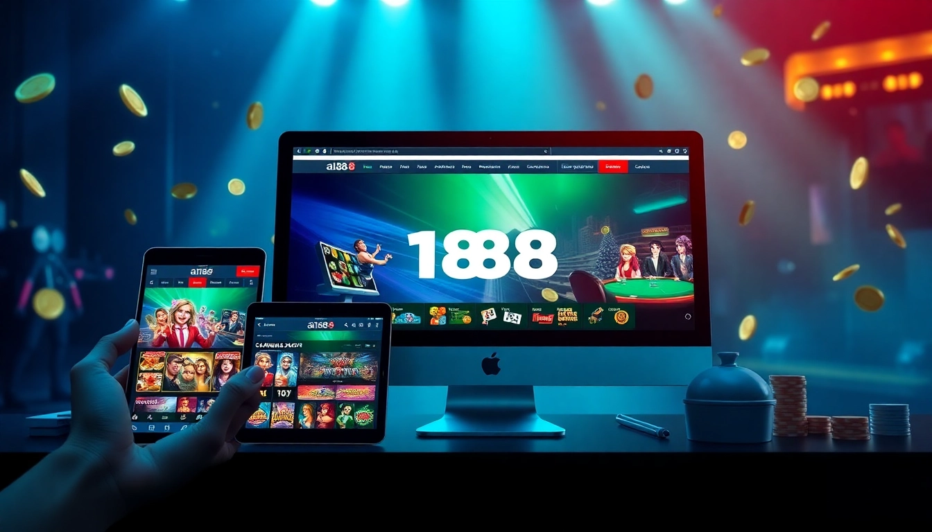 A188 online gaming platform displayed on multiple devices, showcasing vibrant games and user-friendly interface.