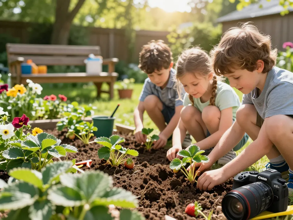 Family planting aardbeienplanten kopen in a sunny garden, showcasing gardening tools and vibrant flowers.