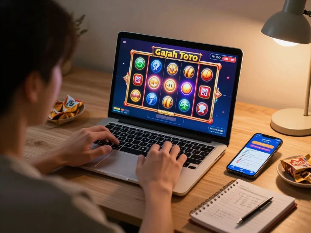 Person playing gajah toto slots on a laptop in a cozy home setup, showcasing fun online gambling.