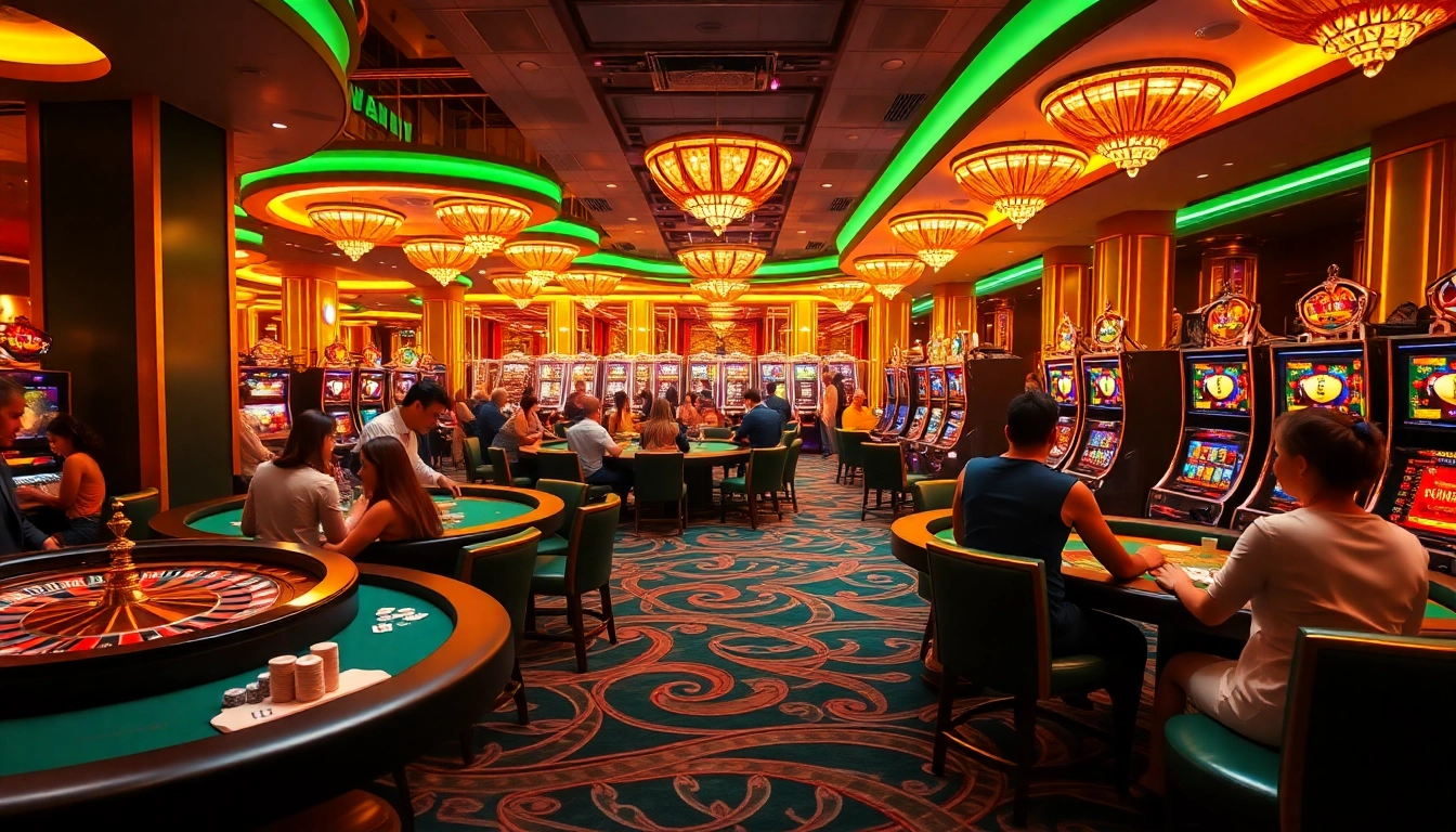 EE88 players celebrate wins at an upscale casino, showcasing poker tables and vibrant slot machines.