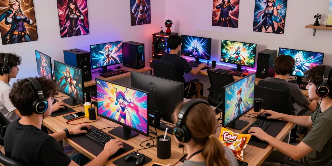 Engaging scene with players immersed in hentai games and colorful gaming setups.