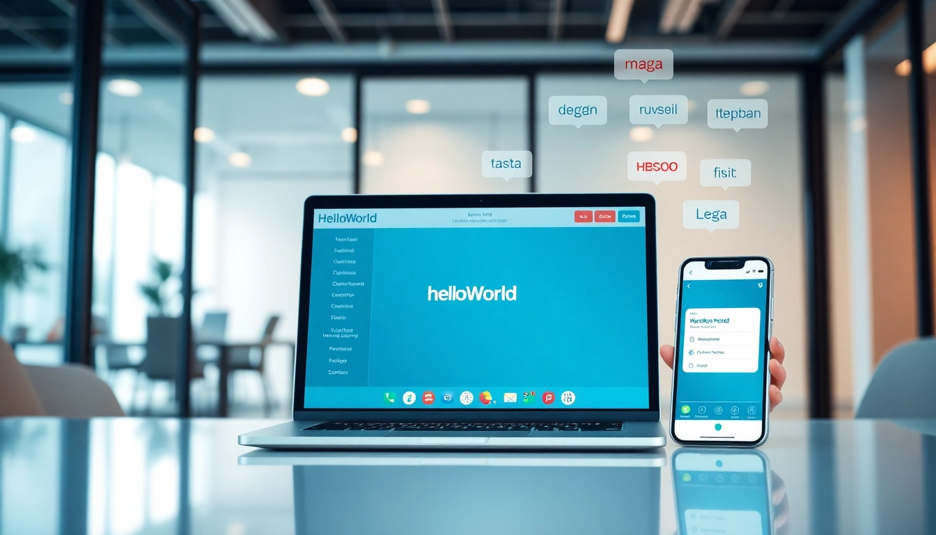HelloWorld电脑版 software interface displayed on a laptop and smartphone, showcasing multilingual translation features in a modern office.