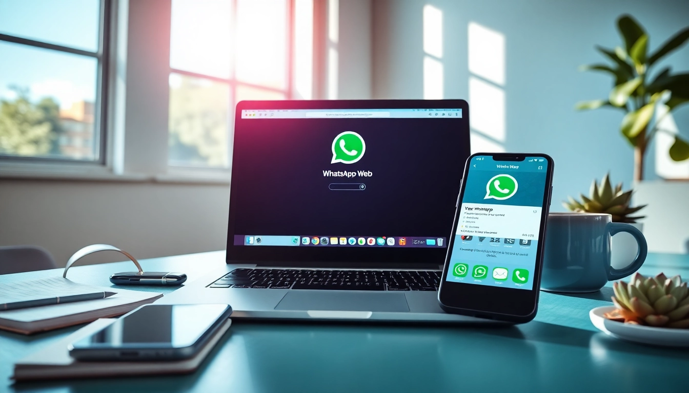 现代工作空间中的笔记本电脑上显示 WhatsApp Web 界面,展示通信功能。