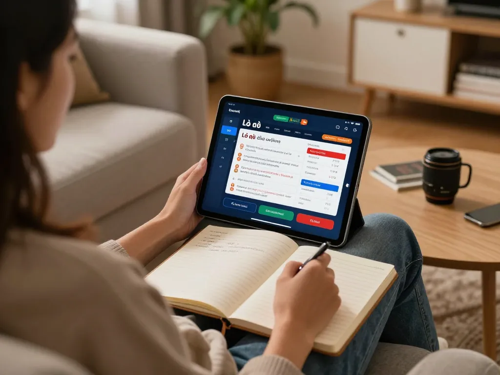Lô đề online gameplay on tablet in cozy home environment, showcasing a responsible gambling strategy session