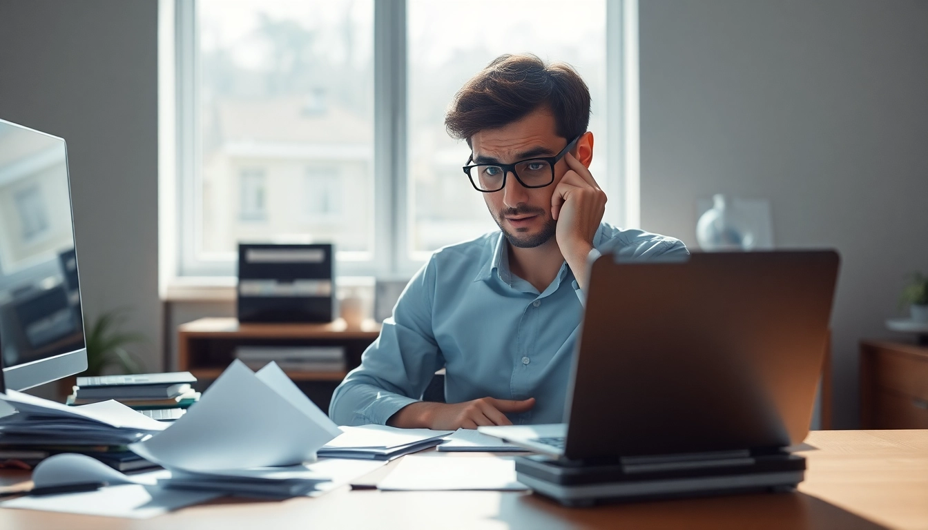 Visualize brain fog through a confused professional surrounded by disorganized work items.