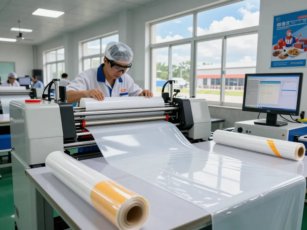 bóc ép plastic cầu giấy technician operating laminating machine in modern factory