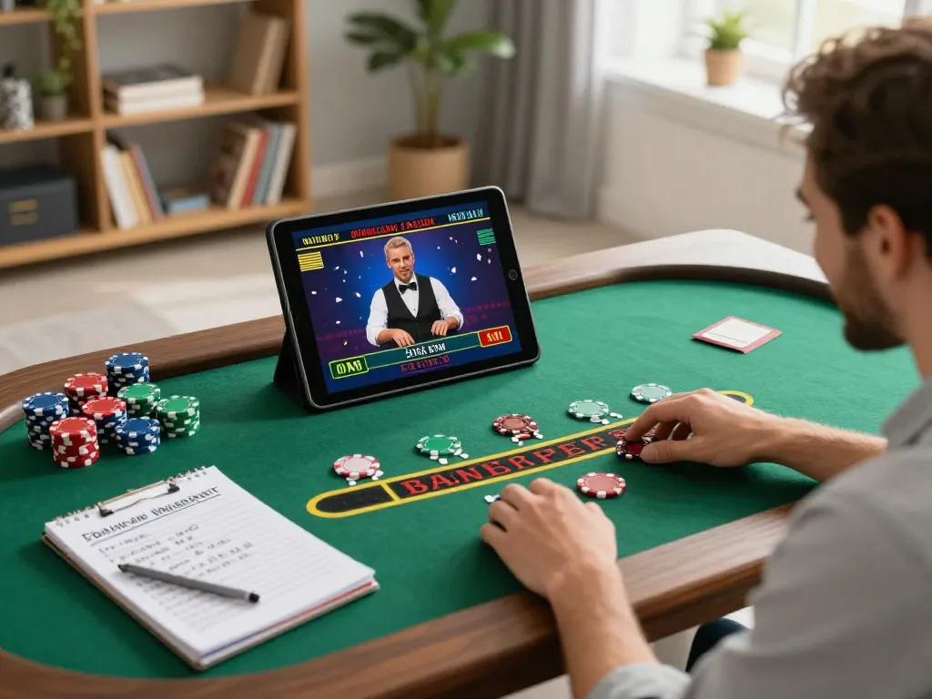 TG88 player enjoying live dealer blackjack in stylish home setup, strategic notes and ambiance enhance experience.