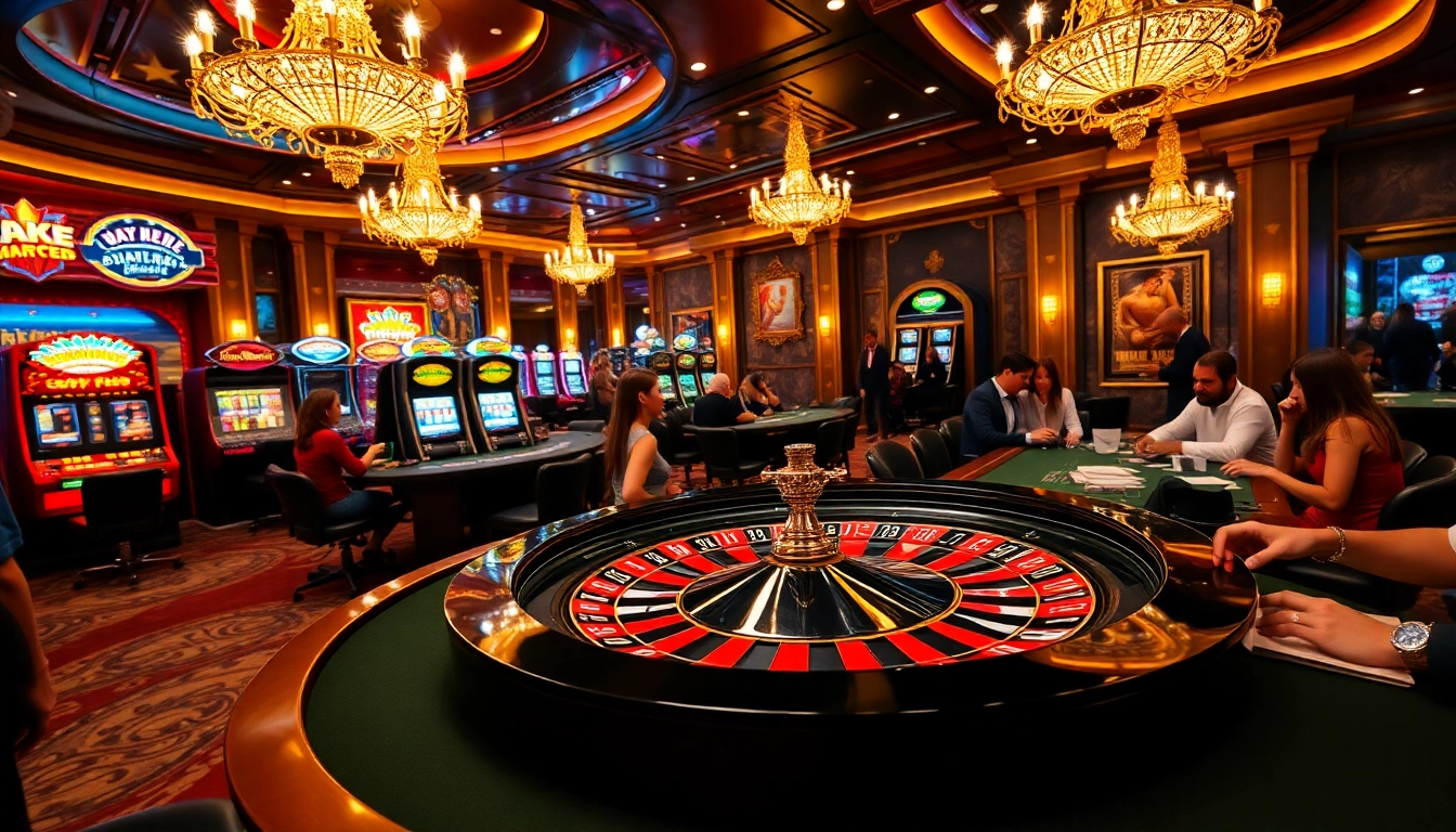 Players betting at a luxurious casino with vibrant slots and roulette, promoting https://gk88.in.net/ for thrilling gambling experiences.