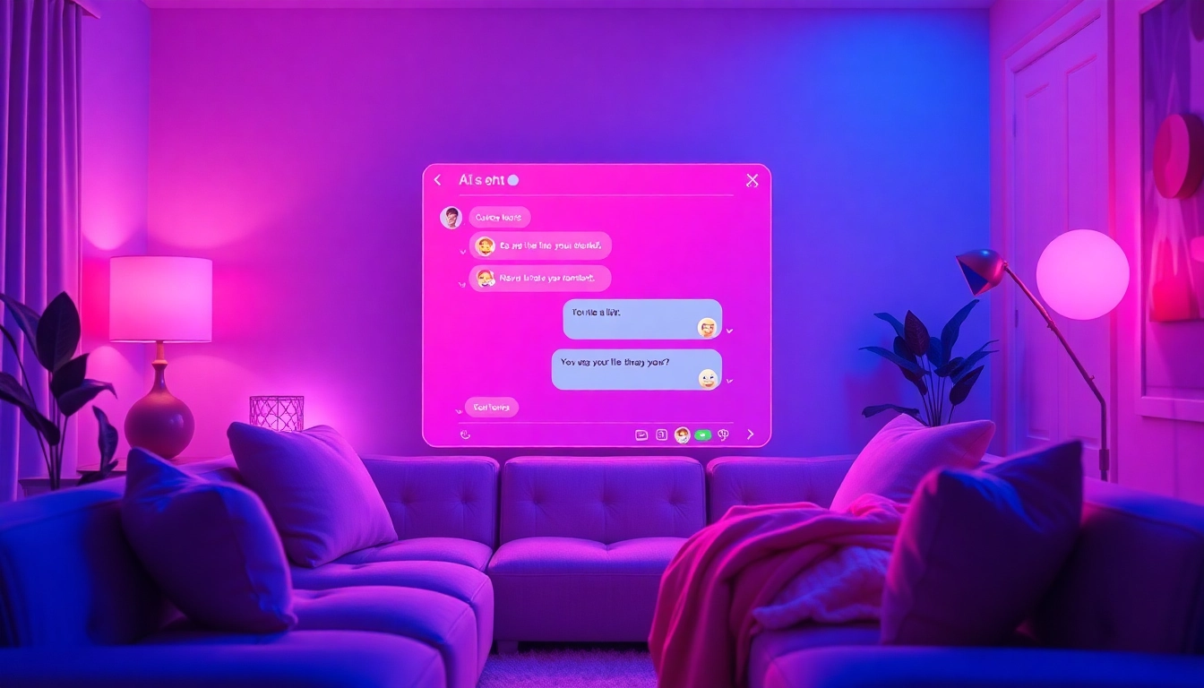 AI sex chat interactive scene with a cozy digital environment, animated character, and playful chat bubbles.