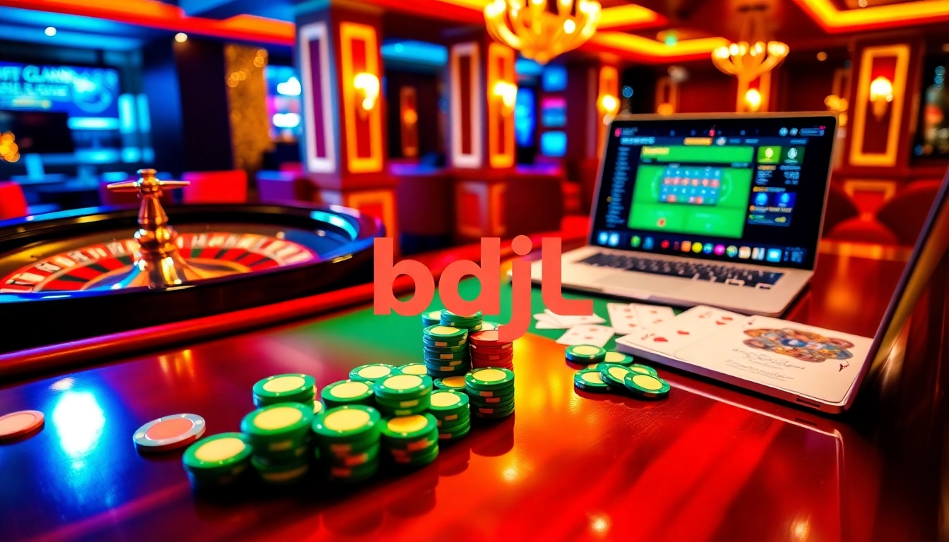 Gamblers enjoying a professional casino scene featuring BDJL poker chips and a roulette wheel.