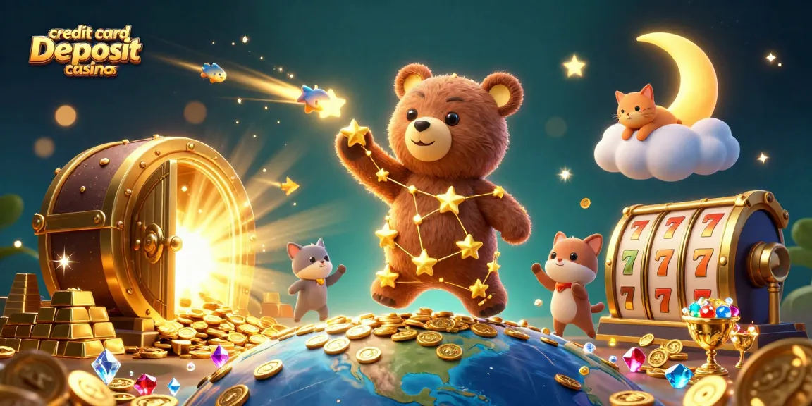 Engage with credit card deposit casinos featuring a golden constellation bear scooping coins while surrounded by slot reels and treasure.