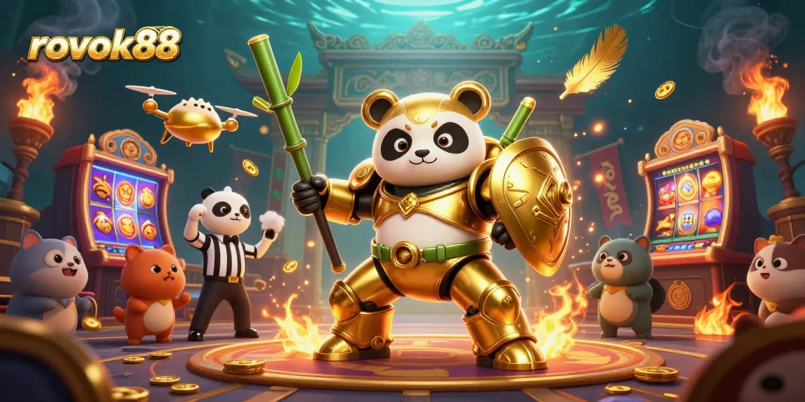 Experience thrilling slots at rokok88 with a dynamic 3D illustration featuring a panda piloting a colorful casino robot.