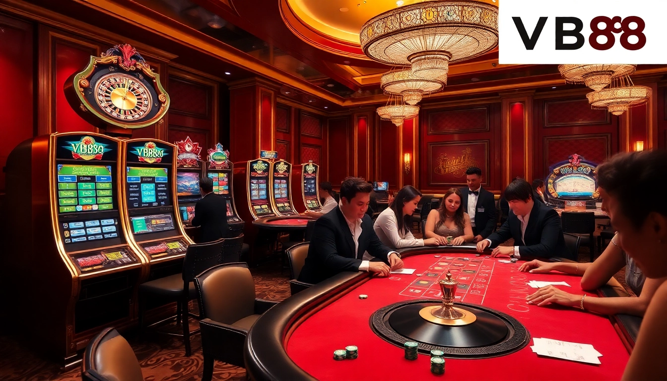 Engage with thrilling games at https://vb88.boston/, showcasing players enjoying poker at a luxurious casino table.