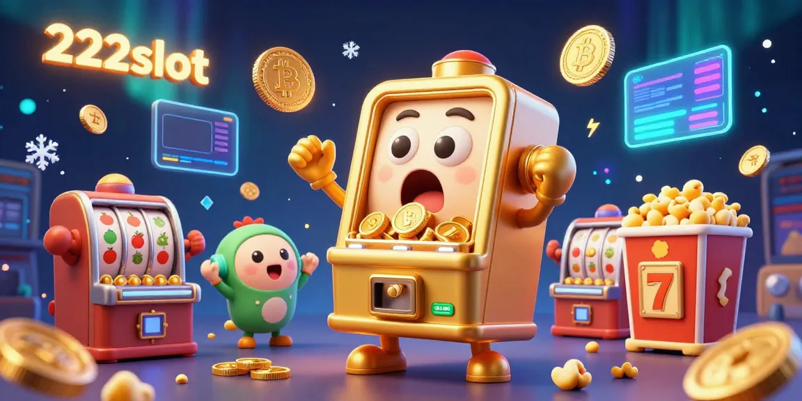 Mesin slot 222slot mengejutkan saat jackpot muncul, dikelilingi simbol permainan dan koin.