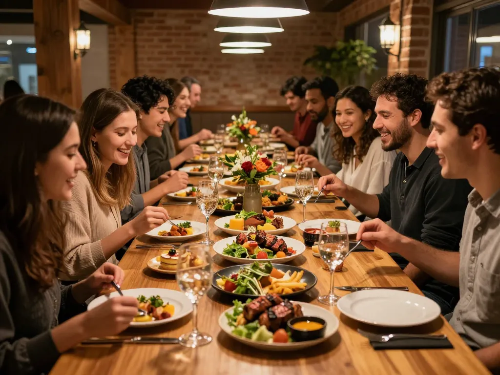 Exciting dining scene at pokerseri with friends enjoying diverse dishes and vibrant atmosphere.