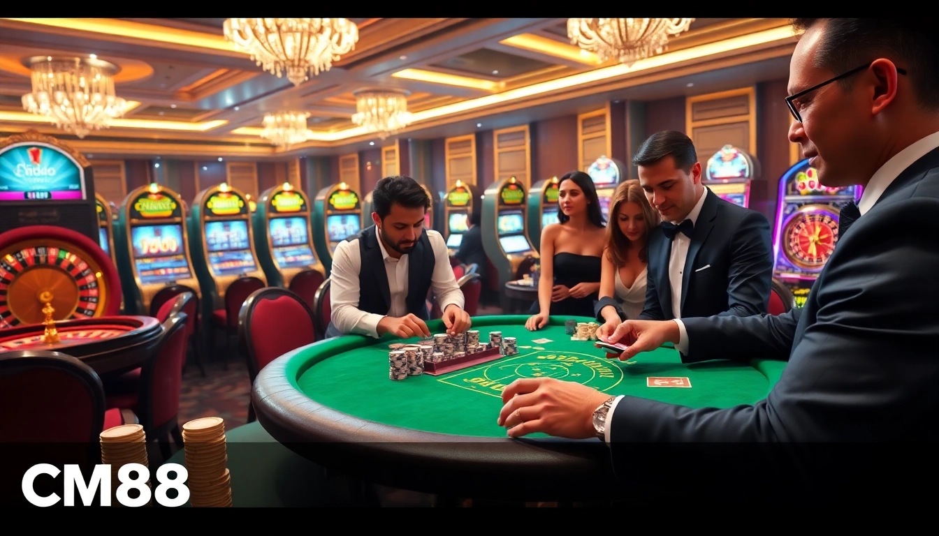 Engage with CM88's thrilling poker action amidst a luxurious casino setting.
