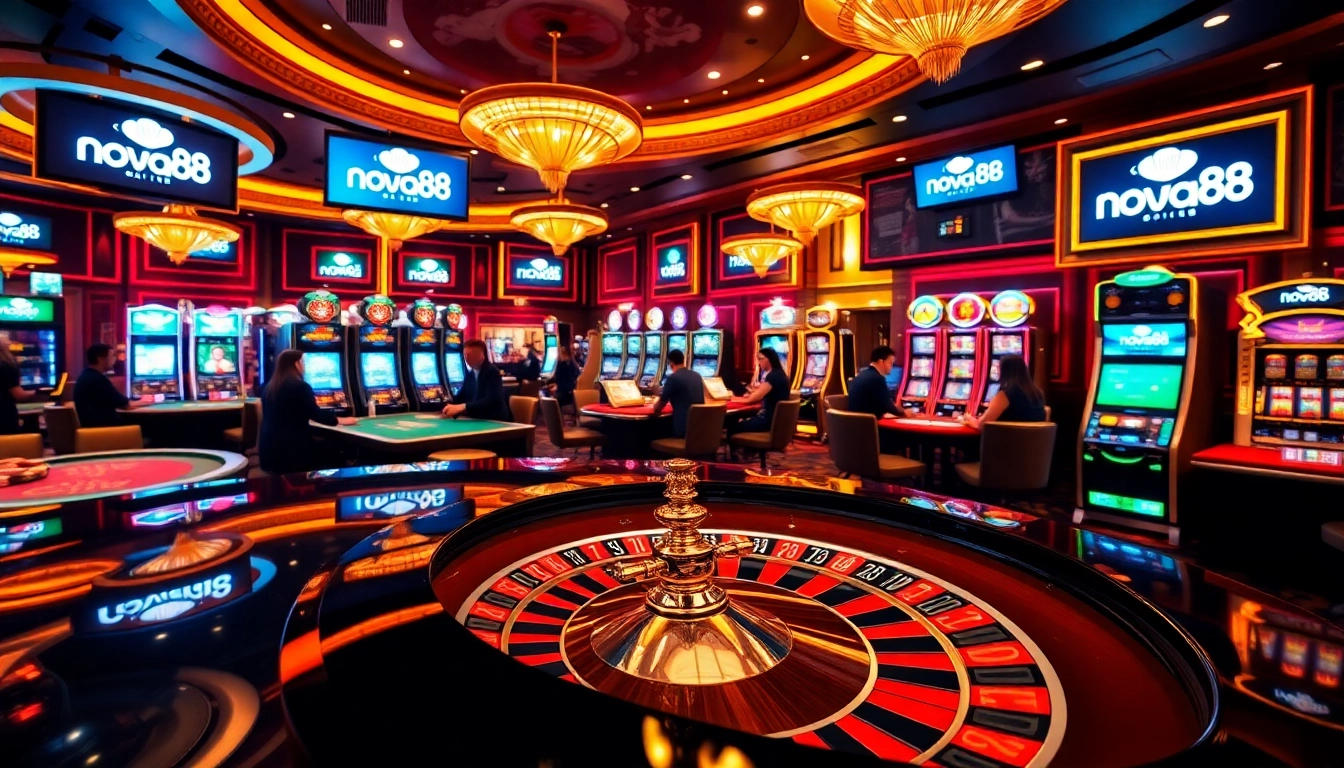 Experience the thrill of nova88 with players enjoying casino games at a luxurious venue.