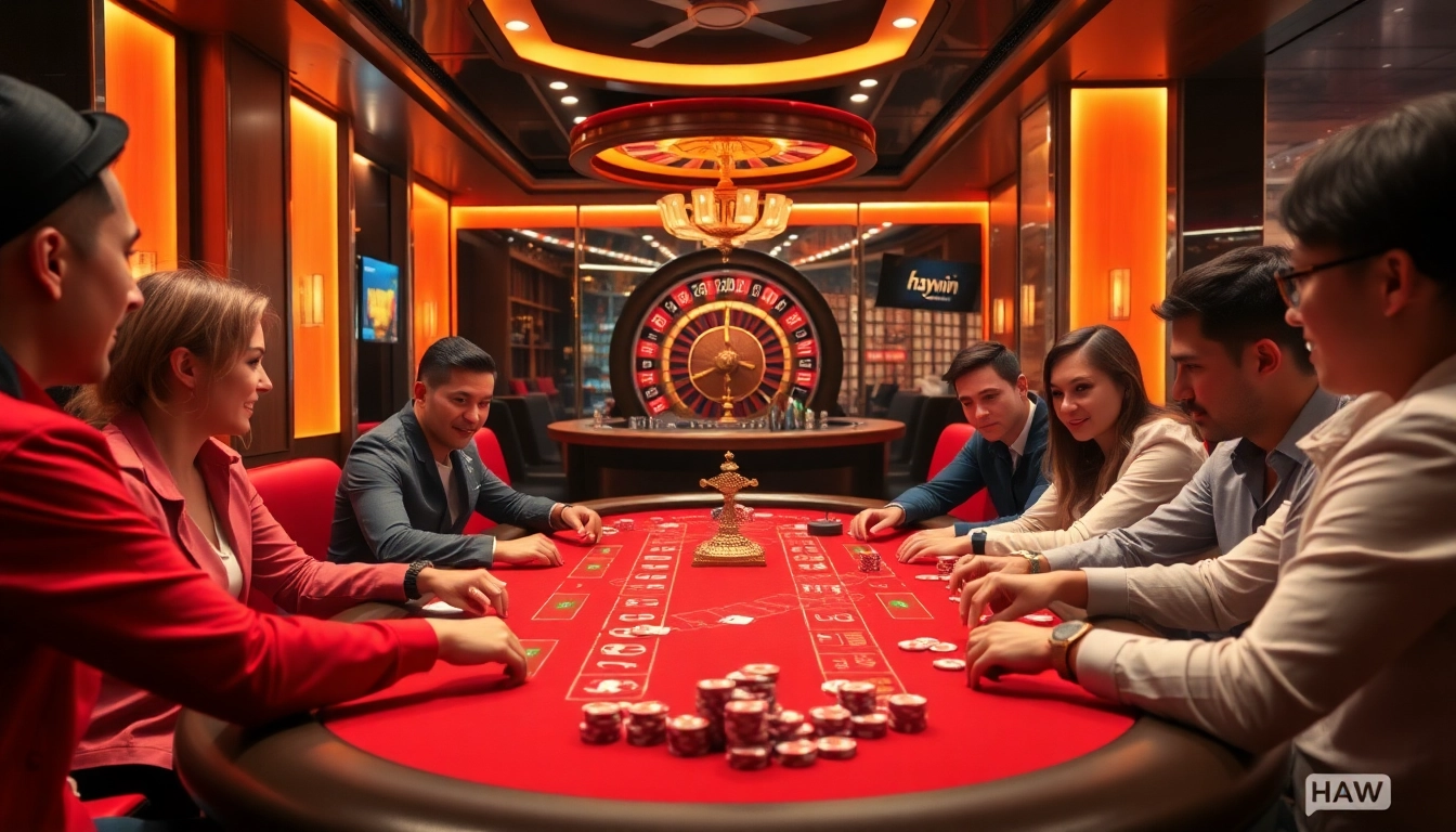 Experience thrilling gameplay at hay.win with players enjoying poker and roulette in a vibrant casino.