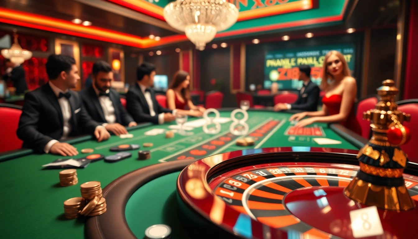 Players at an X88 casino table enjoying a game of baccarat amidst luxury decor and engaging dealers.