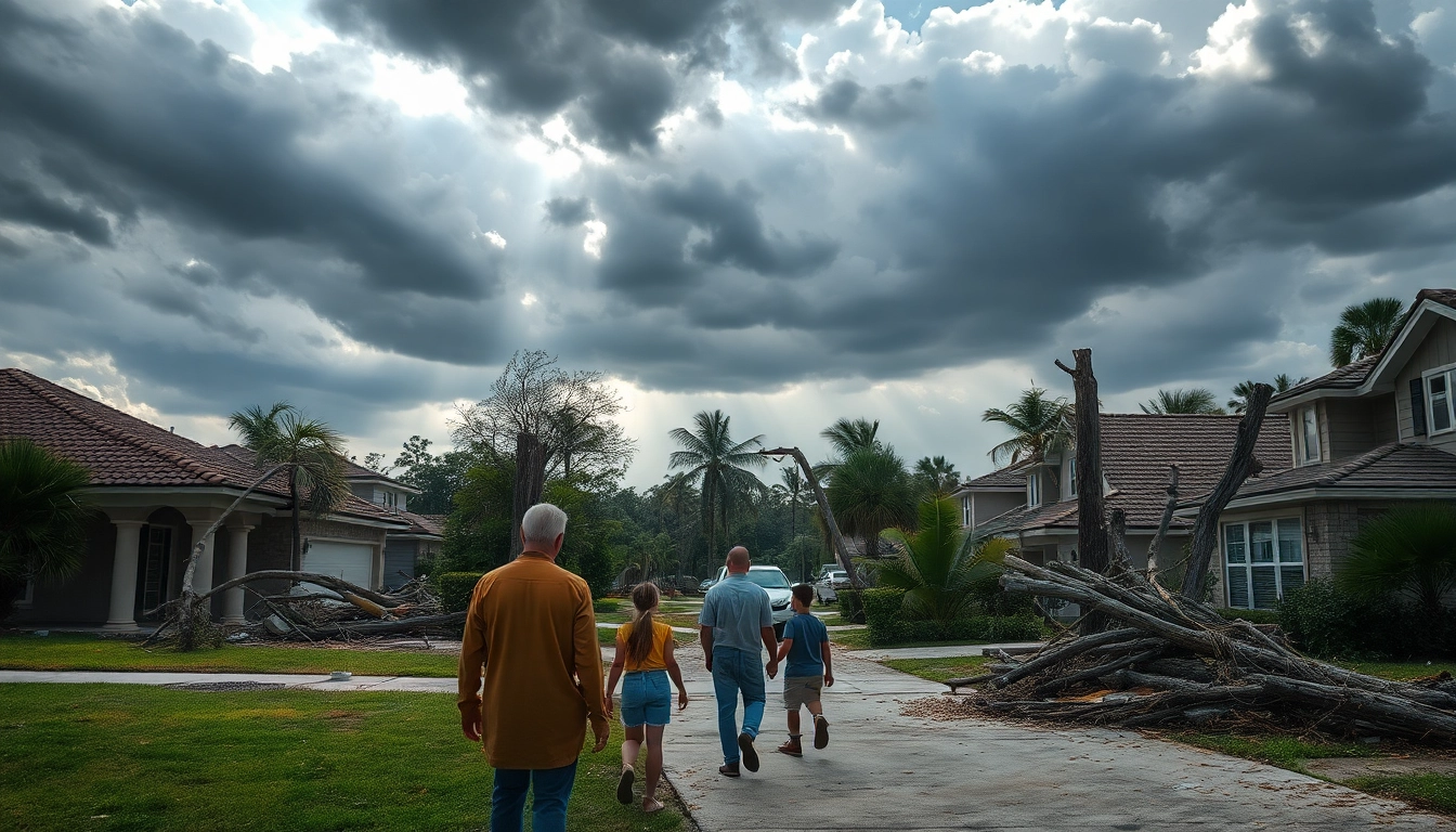 Assessing the Florida Hurricane Damage with a family amidst destroyed homes and trees.