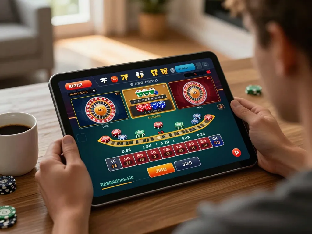 FB88 online gaming experience with a tablet showing live dealer games and strategic betting.