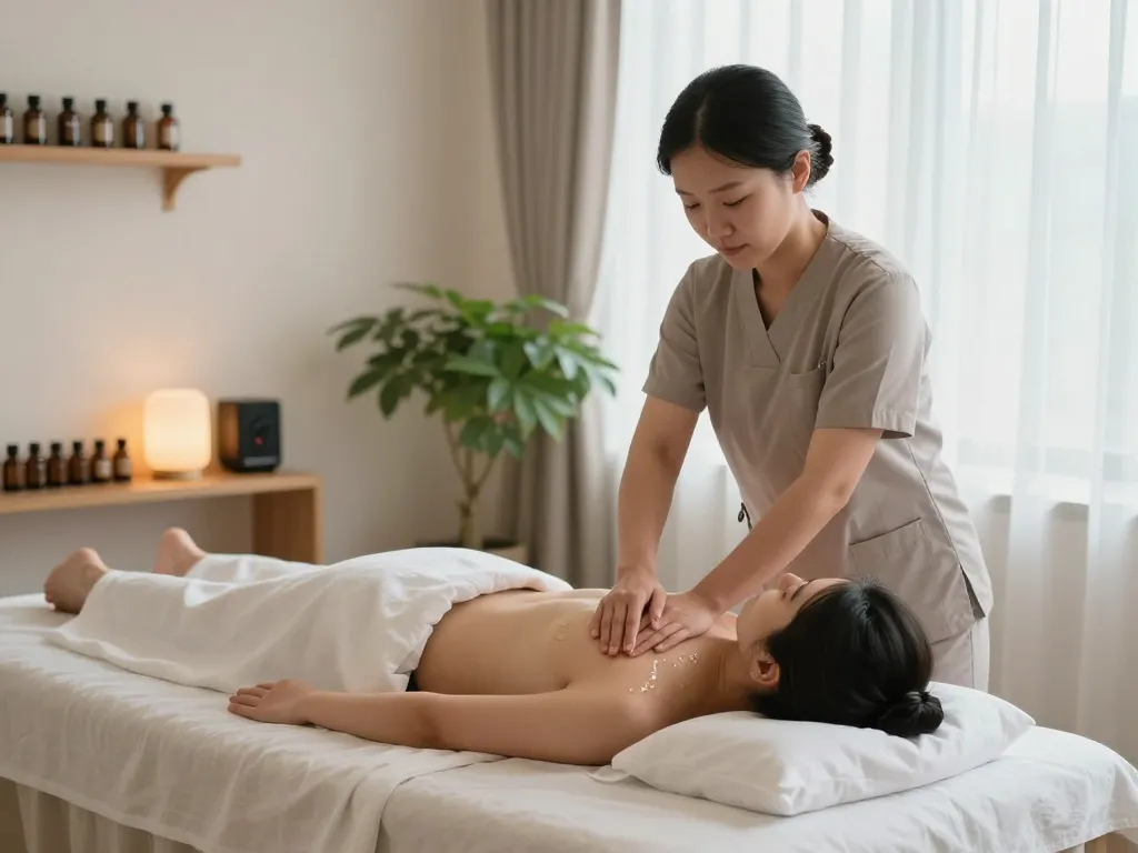 편안한 삼산동 마사지 장면, 조용한 웰니스 룸에서 테라피스트가 오일 마사지를 수행하는 모습, 차분한 장식과 부드러운 조명이 함께합니다.