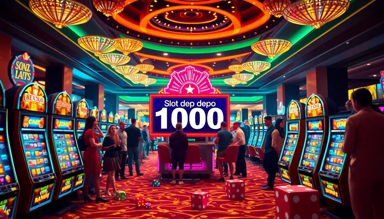 Exciting casino scene highlighting slot depo 1000 on vibrant slot machines amidst jubilant players.