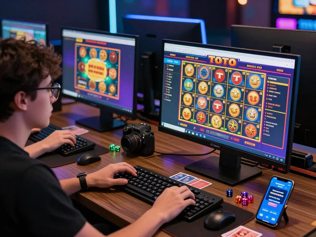 Player enjoying TOTO gaming on bantaitogel site with colorful graphics and gaming accessories.