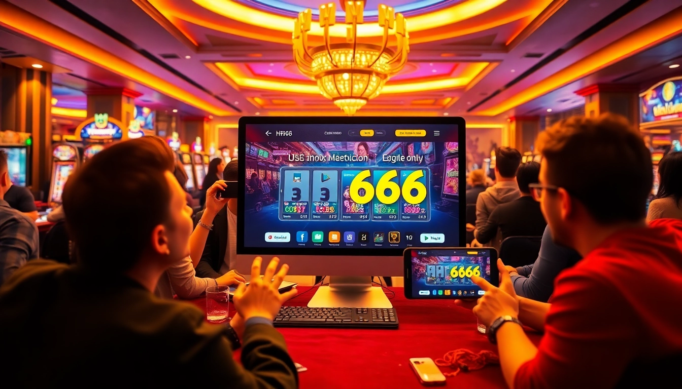 Exciting HH666 online casino scene featuring players and modern gaming devices.
