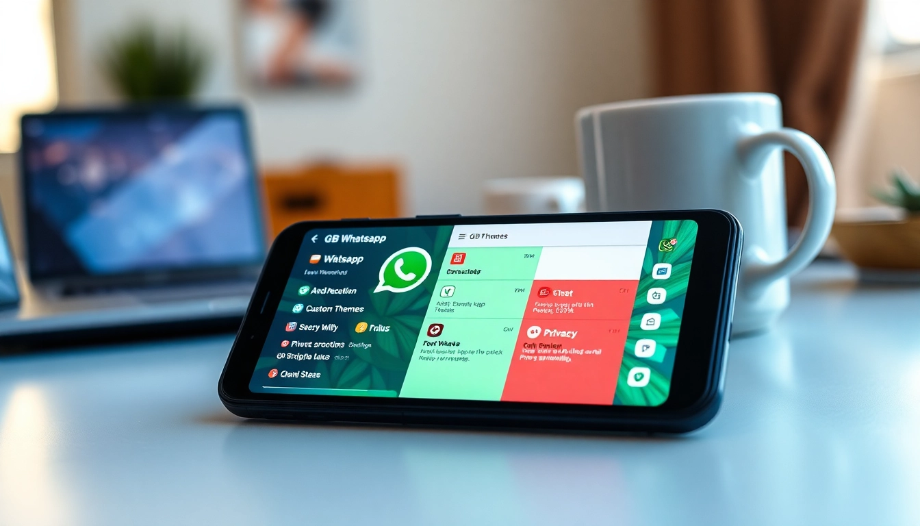 GB WhatsApp application displayed on a modern smartphone showcasing vibrant themes and user-friendly interface.