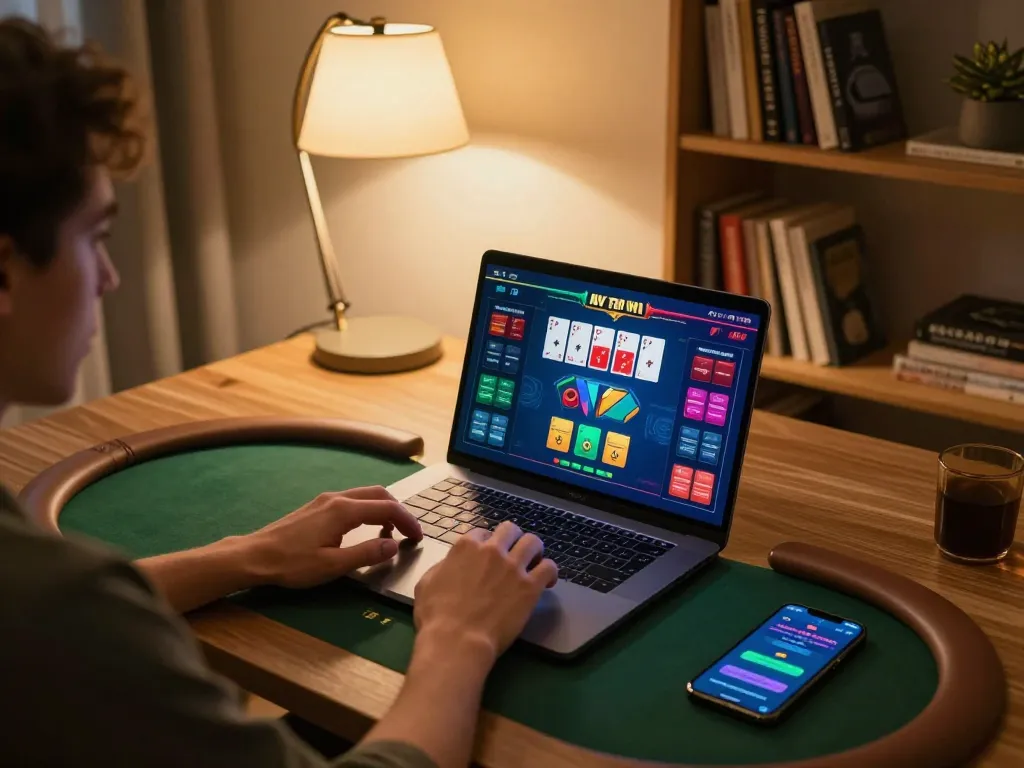 Luck8 player enjoying a poker game on laptop in a cozy home setting with vibrant gaming interface