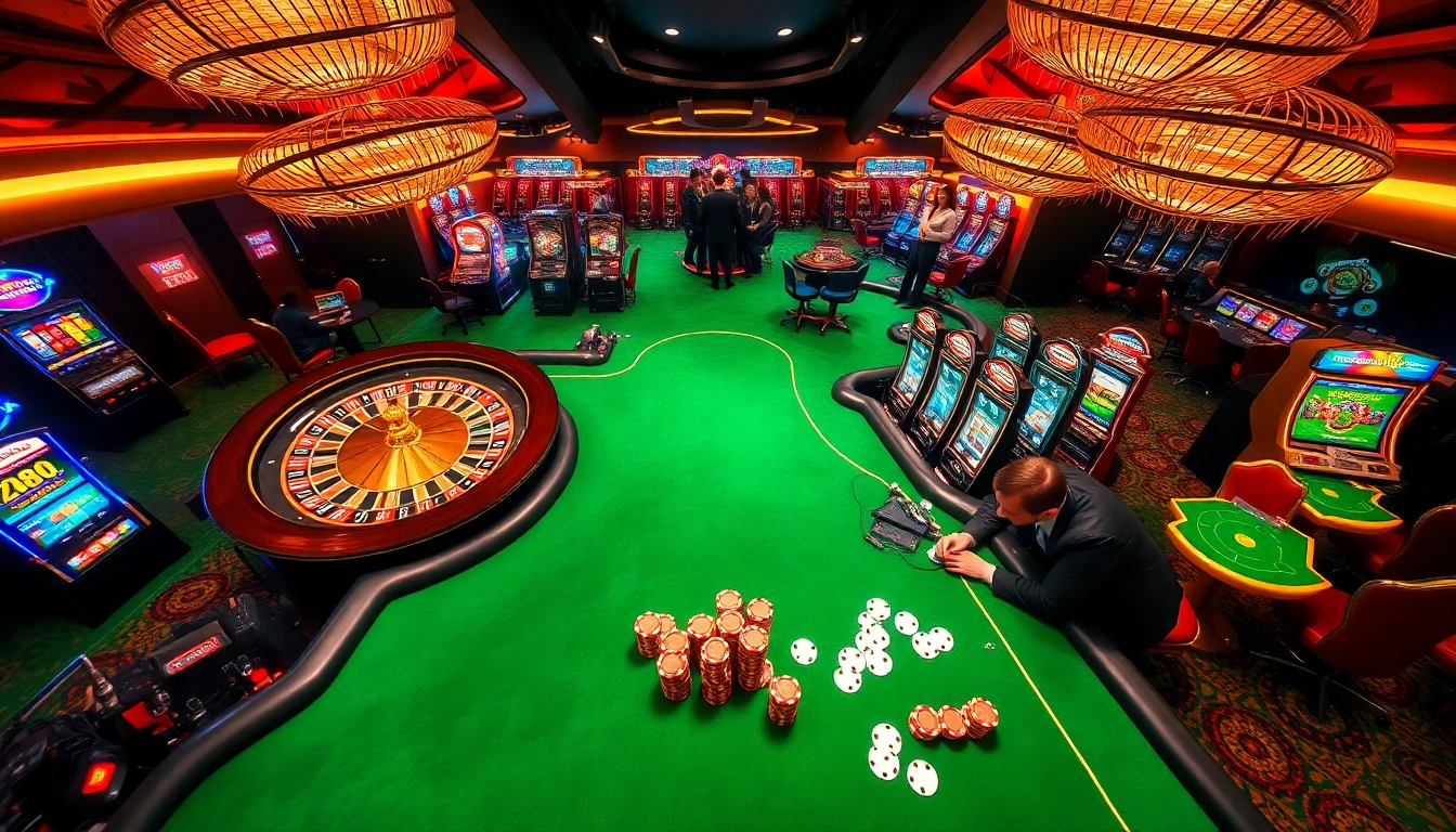 Exciting gaming action at MM88.land with vibrant tables, roulette wheel, and slot machines.